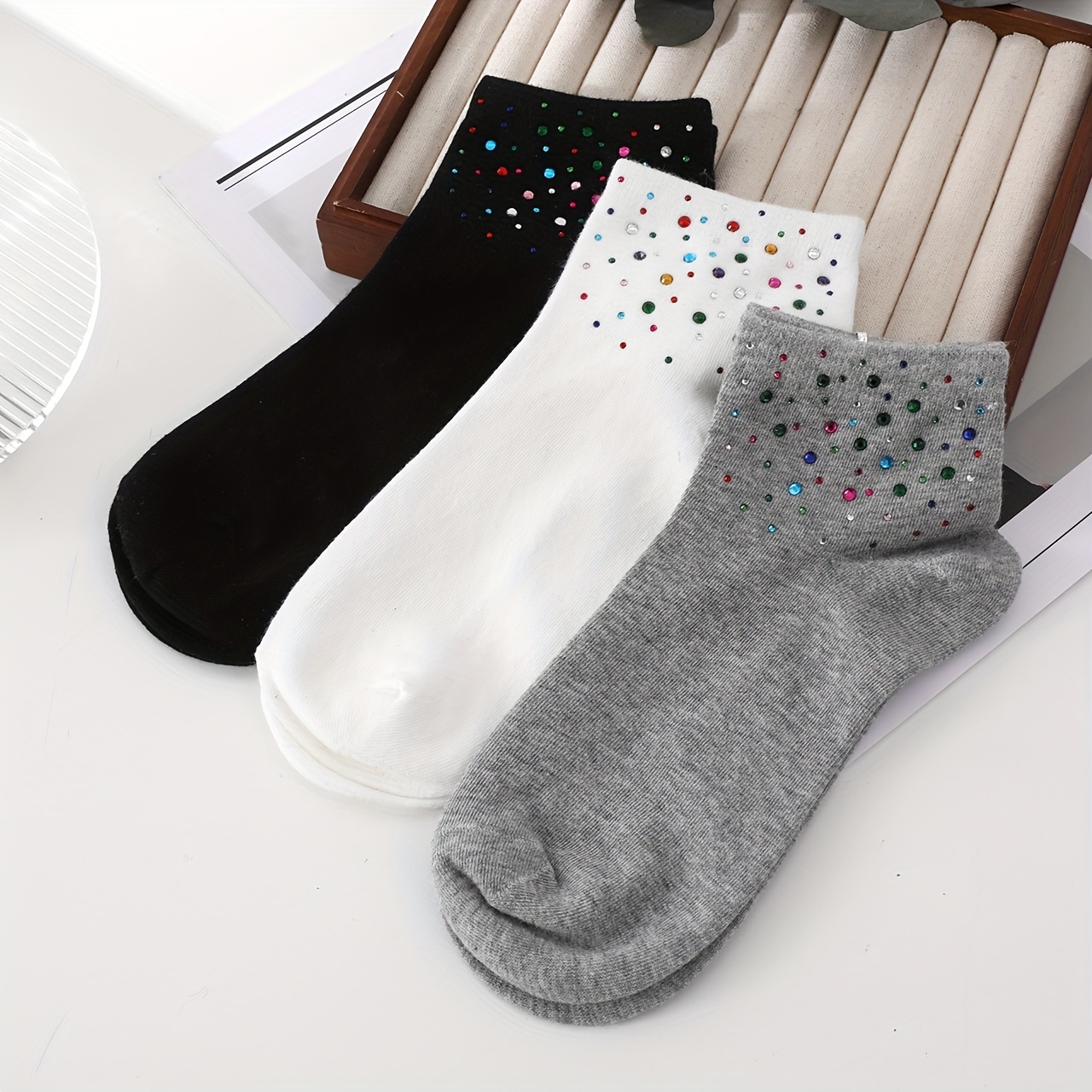 Image of 1/2/3 Pairs Of Women's Short Socks With Colorful Rhinestone Decorations For Daily Casual Wear