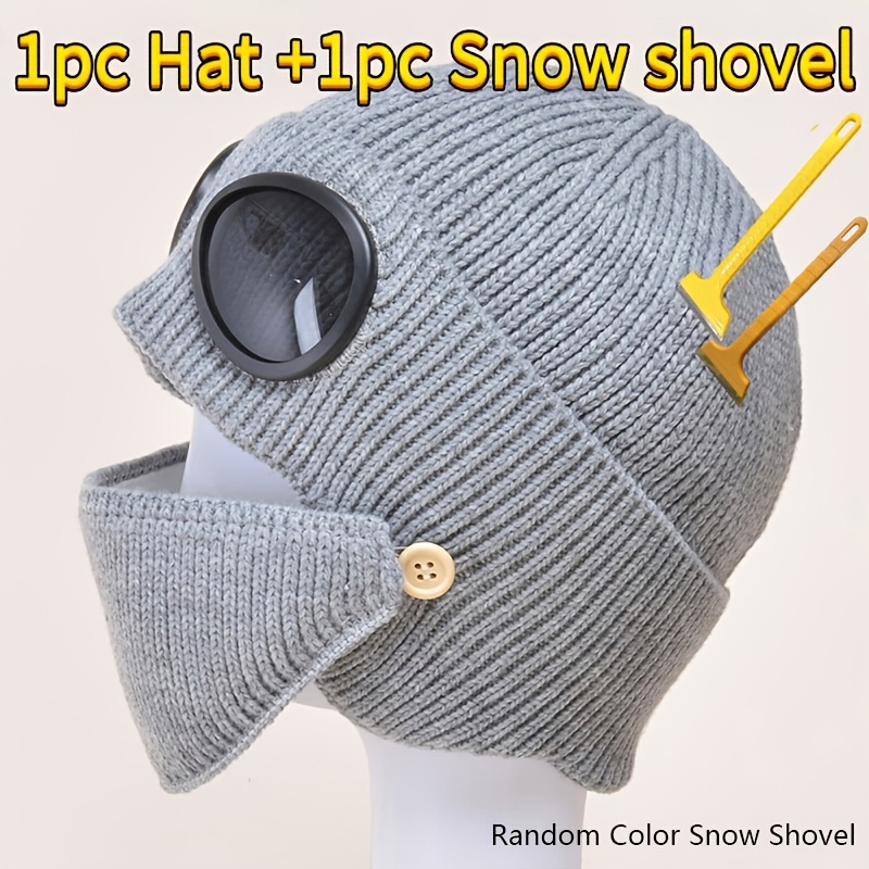 TEMU 1pc Autumn Winter Multi-functional Knit Hat And 1pc Snow Shovel, Decorative Lens Design, Button-removable Face Mask, Multi-use Hat. Thick And