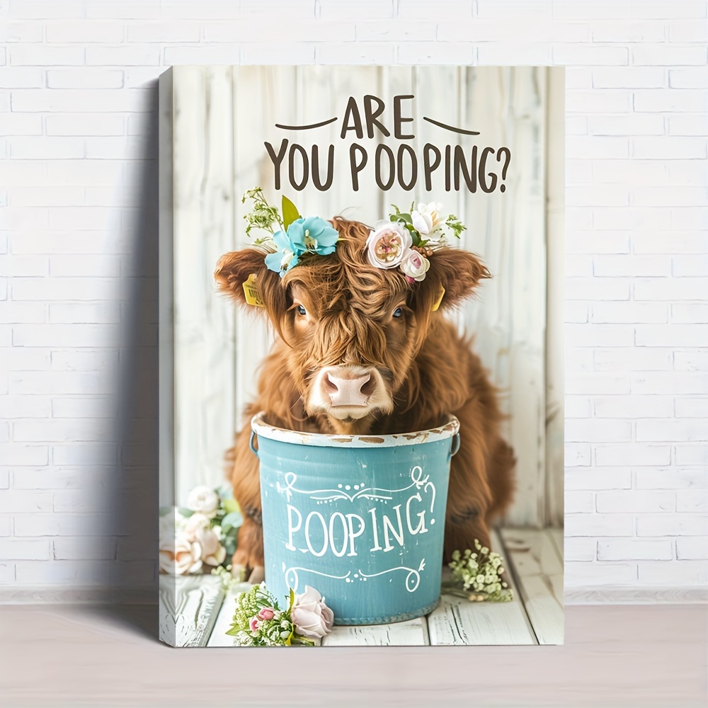 

1pc Highland Cow Flower Canvas Wall Art With Wooden Frame – "are You Pooping" Humorous Print, Ready To Hang Home Decor For Living Room, Bedroom, Bathroom & Party Gifts, Cow Decor, 2d, Room Decor