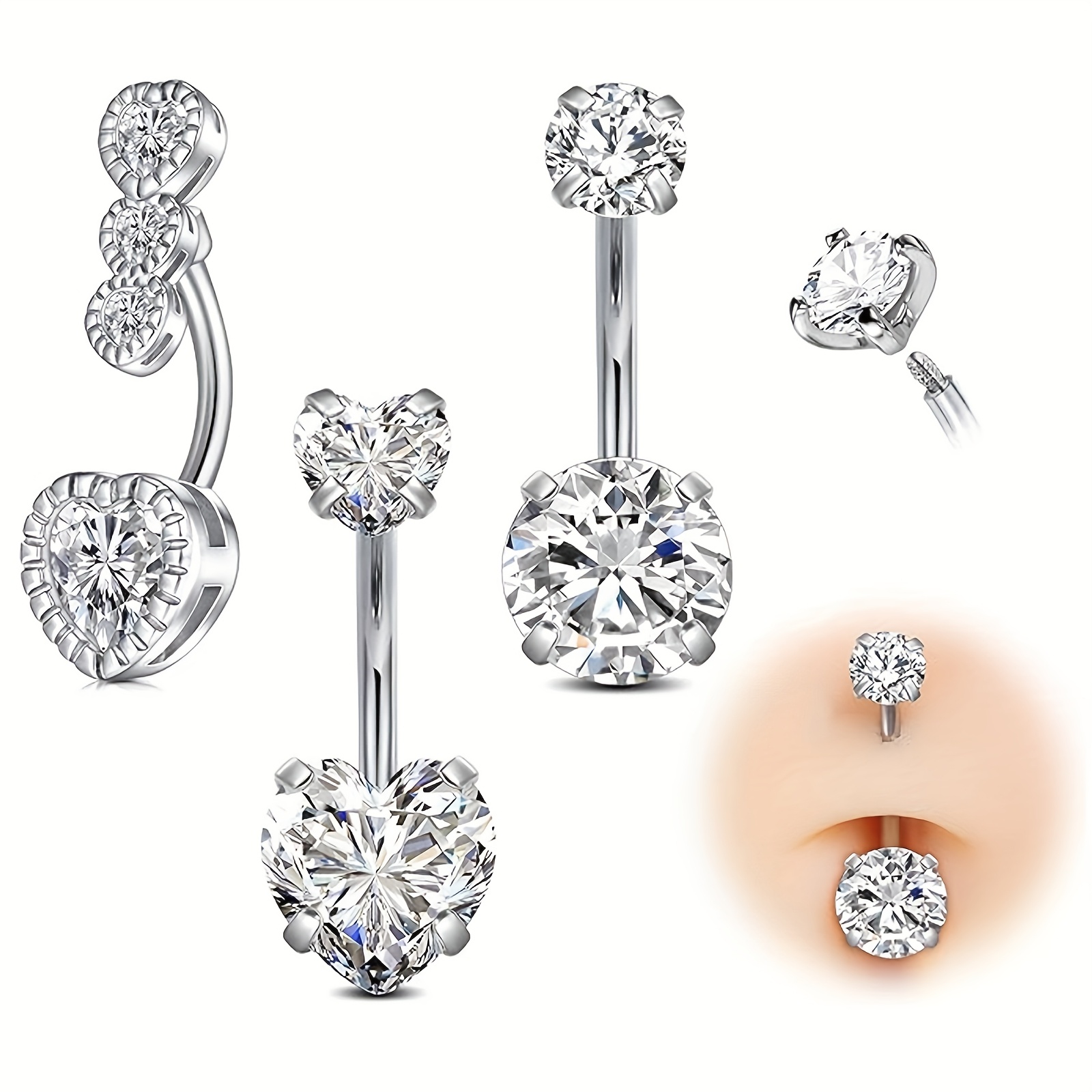 Image of A Set Of 3 Exquisite Stainless Steel Belly Button Rings, With A Diameter Of 1.6mm And A Rod Length Of 10mm, 's Piercing Jewelry.