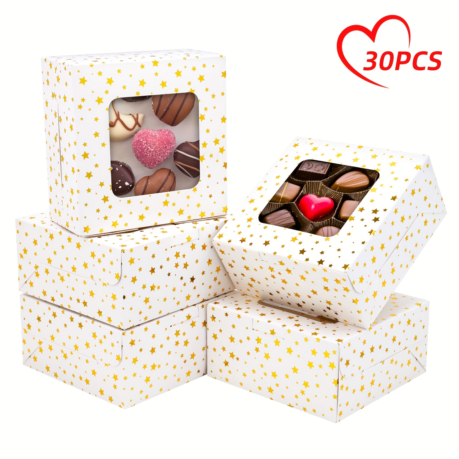 

Superlele 30pcs Cupcakes Boxes, Valentines Cake Boxes With Window, Boxes With Foil Star Treat Cake Boxes, For Cupcakes, Muffins, Or Donuts, Candies, And Other Gifts. 6×6×3 Inches.