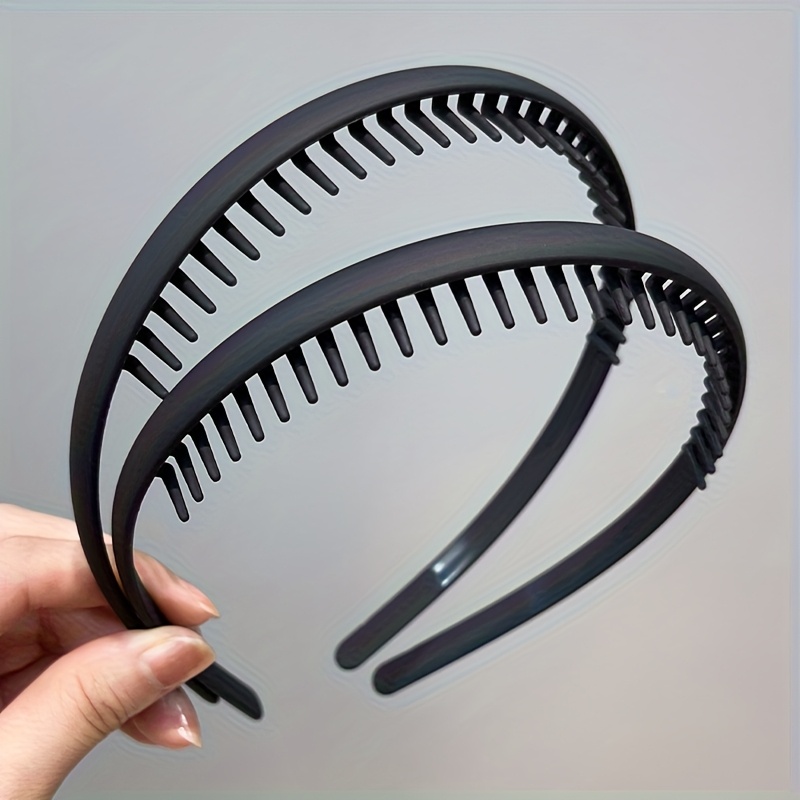 TEMU 2pcs Elegant Minimalist Black Hairbands For Women - Non-slip Teeth Grip Design, Durable Plastic Hair Accessories For Face Washing, Styling &