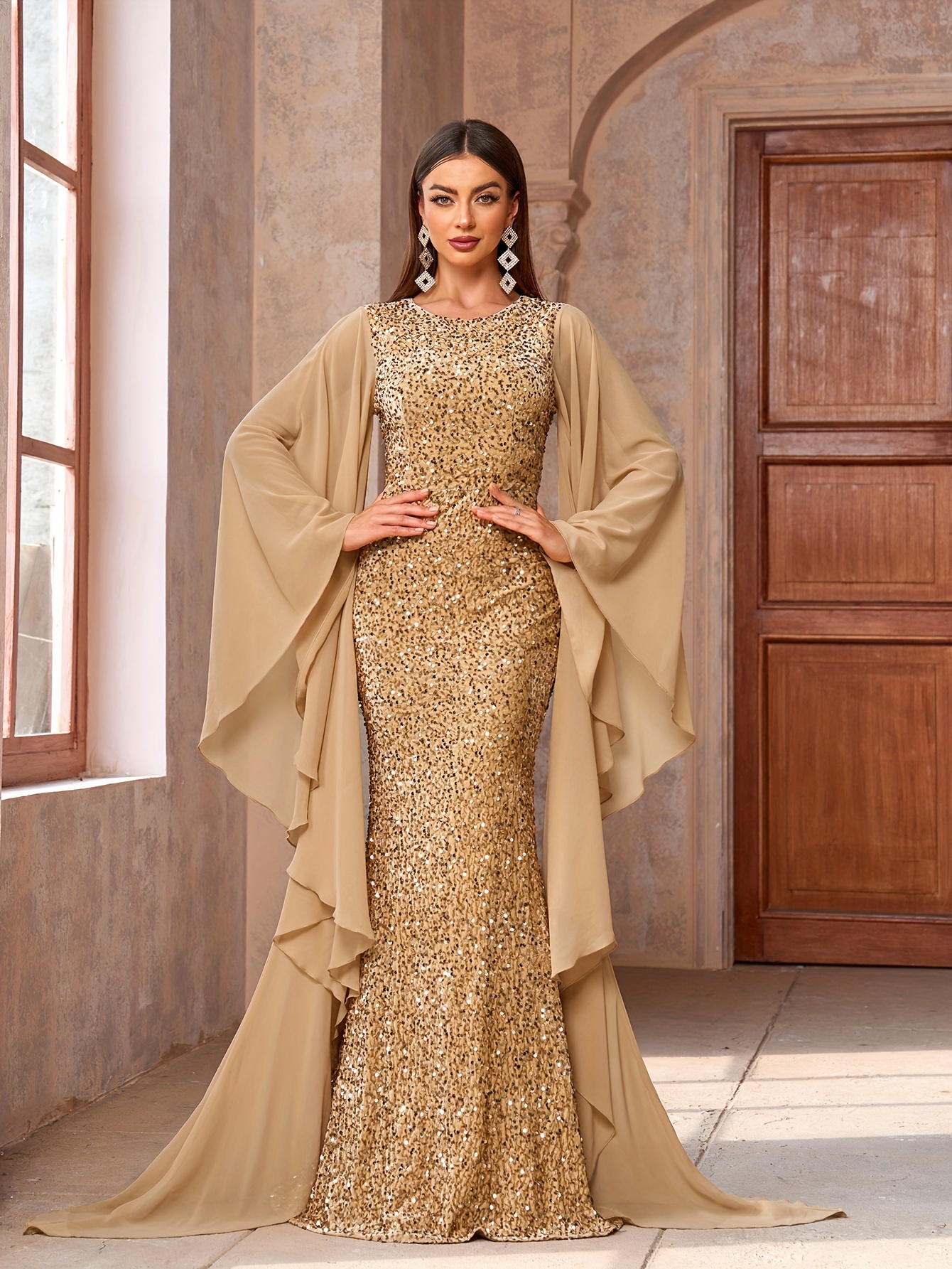 Elegant Golden Sequin Round Neck Dress for Women Stylish Long Evening  Gown with Flowing Sleeves Parties, Weddings, and Special Occasions,  Evening