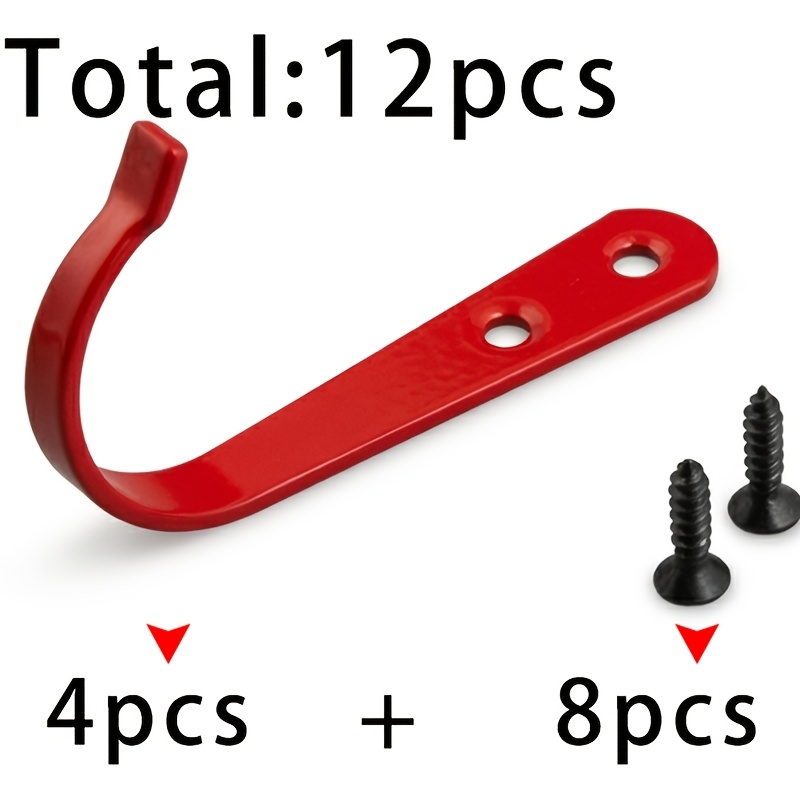 TEMU 12pcs (4 Red J-hooks + 8 Black 2.5x10 Screws) Simple Red Wall-mounted Iron Hooks, Single-hole Coat Hooks For Bathroom Door Back, For Hanging