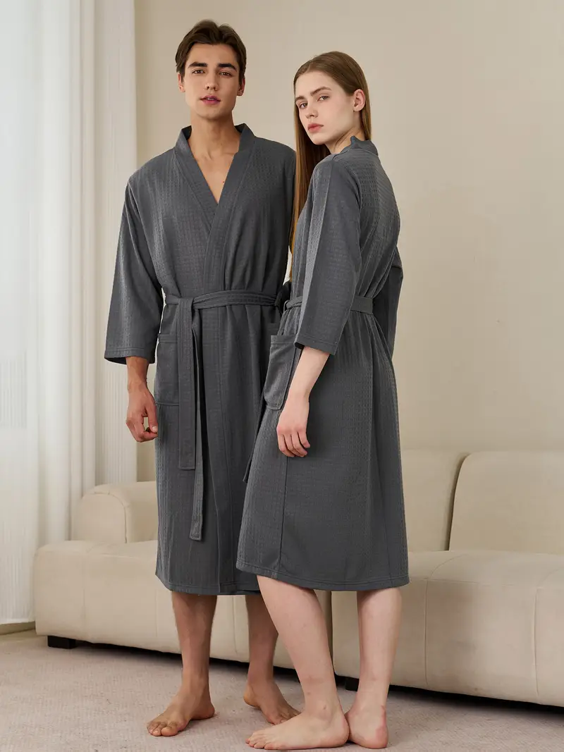 1pc unisex bathrobe elegant solid waffle knit robe 3 4 - Temu Poland 1pc unisex bathrobe elegant solid waffle knit robe 3 4 - Temu Poland