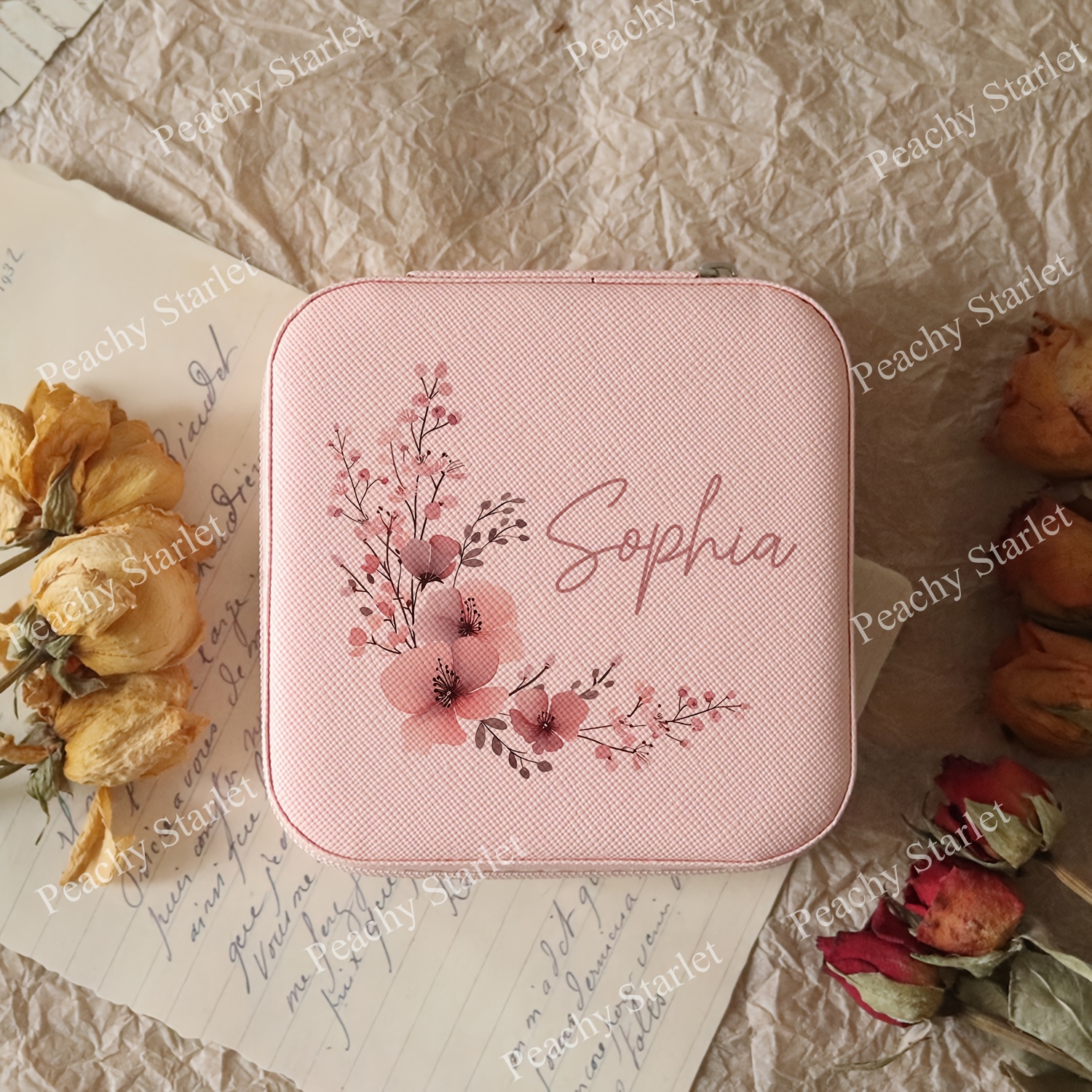 TEMU A Custom Jewelry Box Featuring A Pink Wreath Design, Personalized With A Name In White And Pink. This Travel Jewelry Case Makes A Perfect Gift