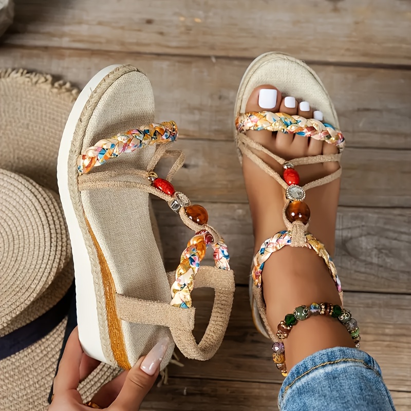 TEMU Women's Boho Braided Beaded Wedge Sandals, Local Warehouse Delivery, Perfect For Beach Vacations & , Women Shoes