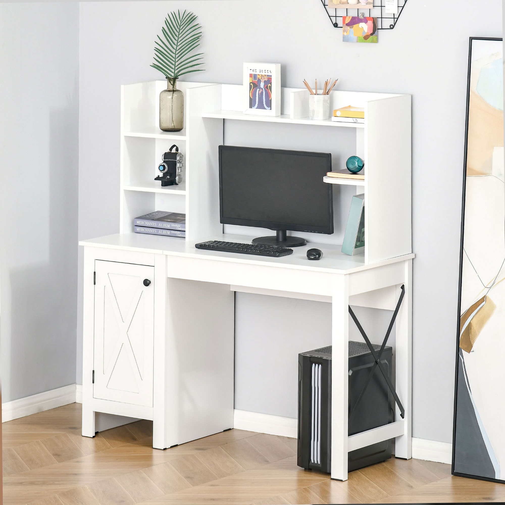 TEMU HOMCOM Bureau d'ordinateur moderne blanc de 47 pouces avec étagères et portes - bureau autoportant pour espace réduit, surface spacieuse en bois