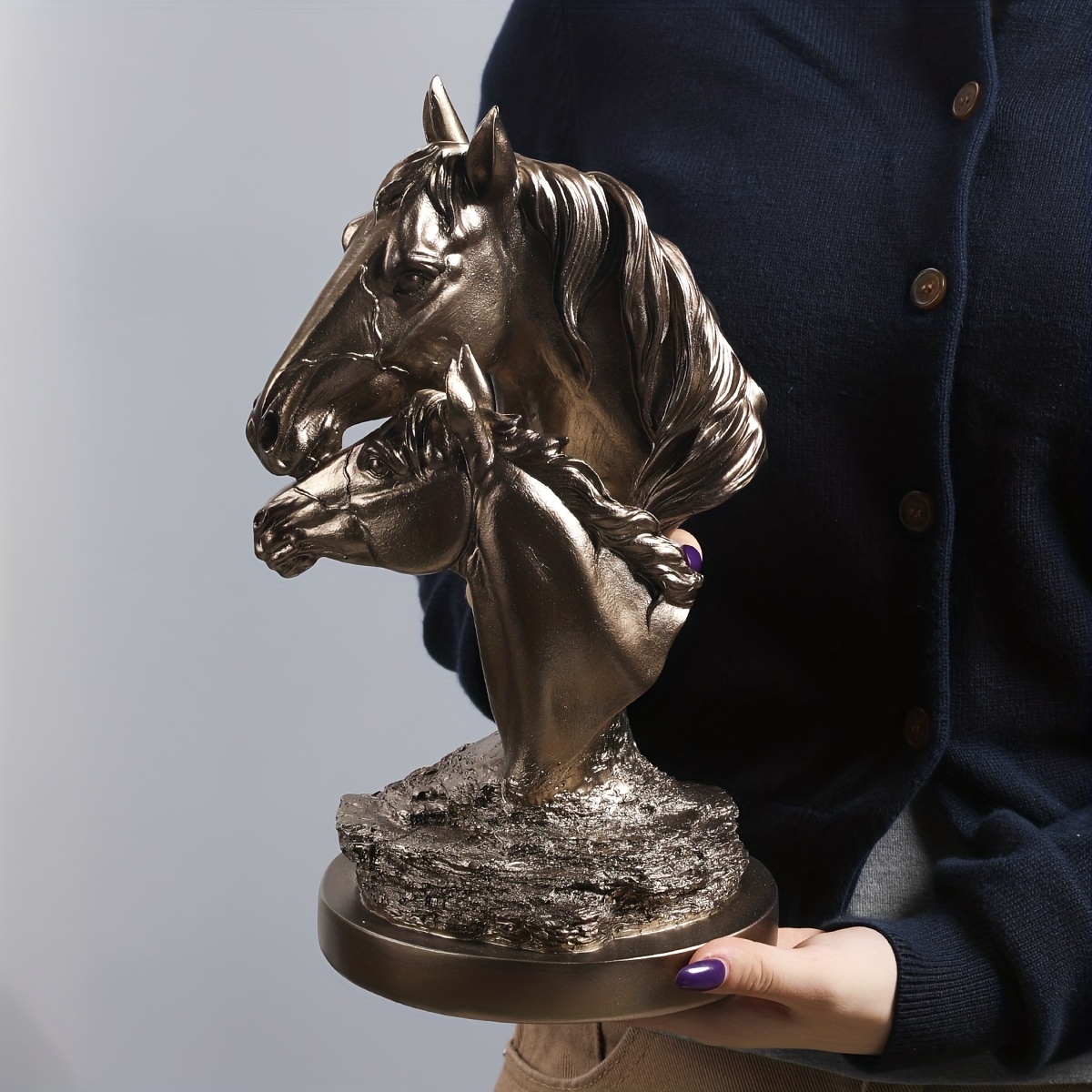 1pc Vintage Bronze Double-Headed Horse Statue Resin Crafts Decoration Home Desktop Porch Ornaments Minimalist Style Head Statue