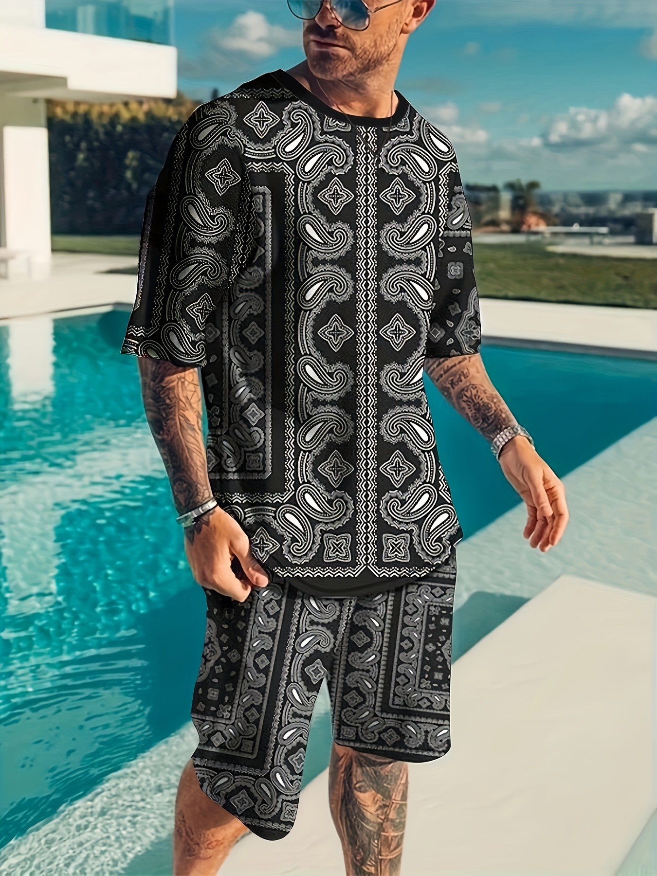 2 Piece Outfit Mens Trend Printed Shirt + Pants Set Casual Short