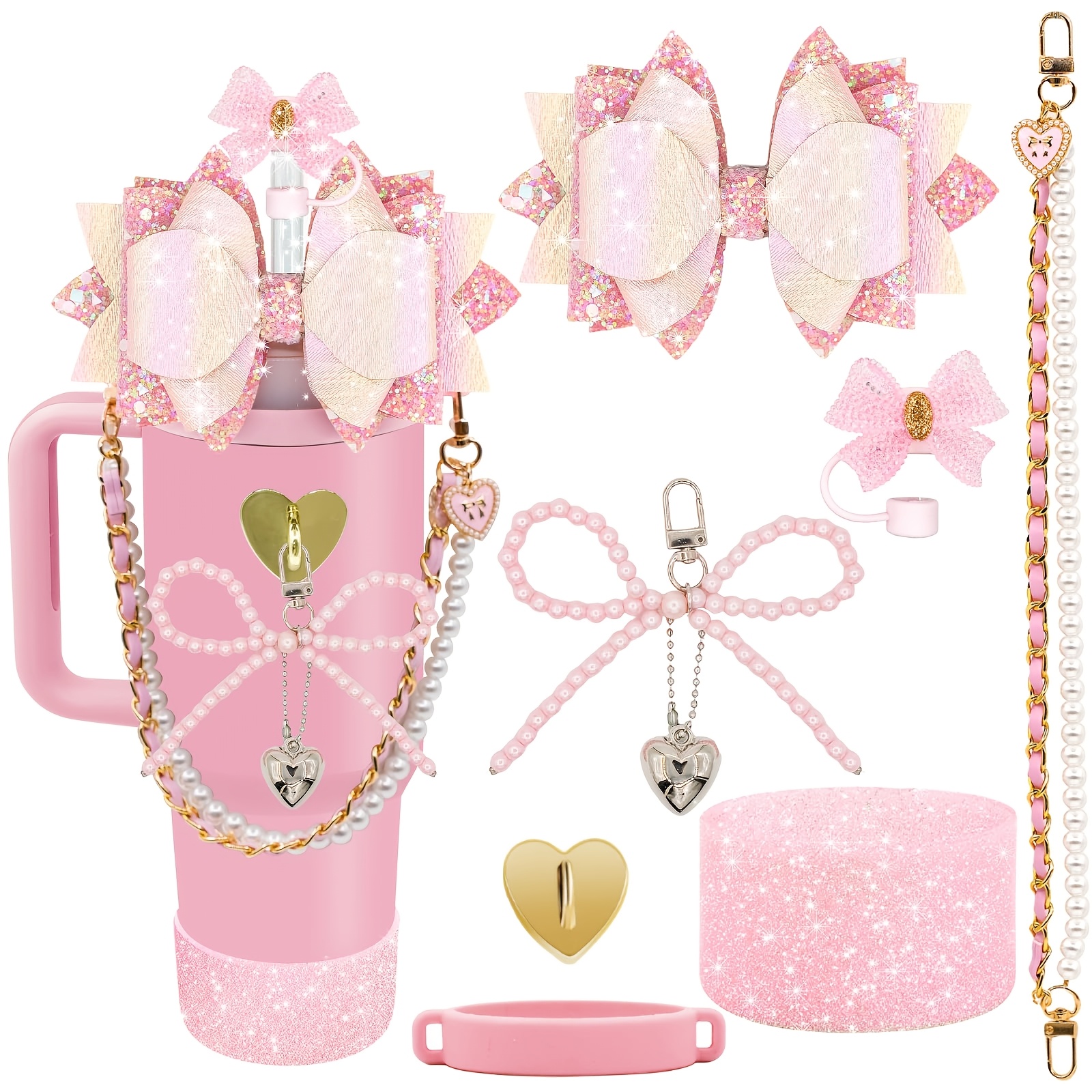 TEMU Set Of 7 Water Cups Featuring Silicone Lids, Straw Lids, A Bow And Bubble Ball Pendant, And A Heart-shaped Hook - Ideal For Outdoor Events,