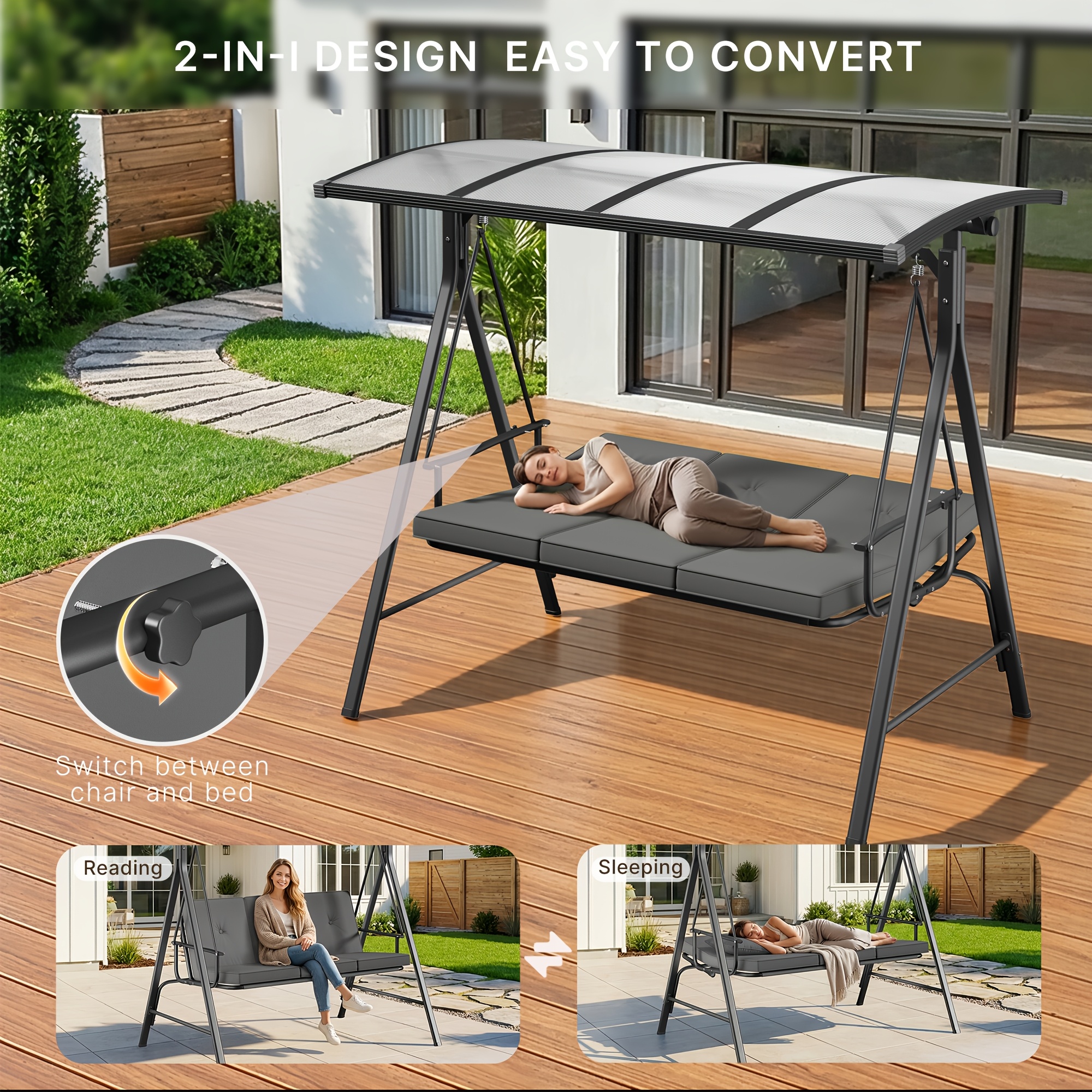 3-Seat Porch Swing Chair with Stand - Convertible to Adult Swing Bed, Adjustable UV-Protected Canopy & Thick Cushion, 750lbs, Flat Bed (Red/Blue/Dark Gray) for Porch, Backyard, Garden & Balcony