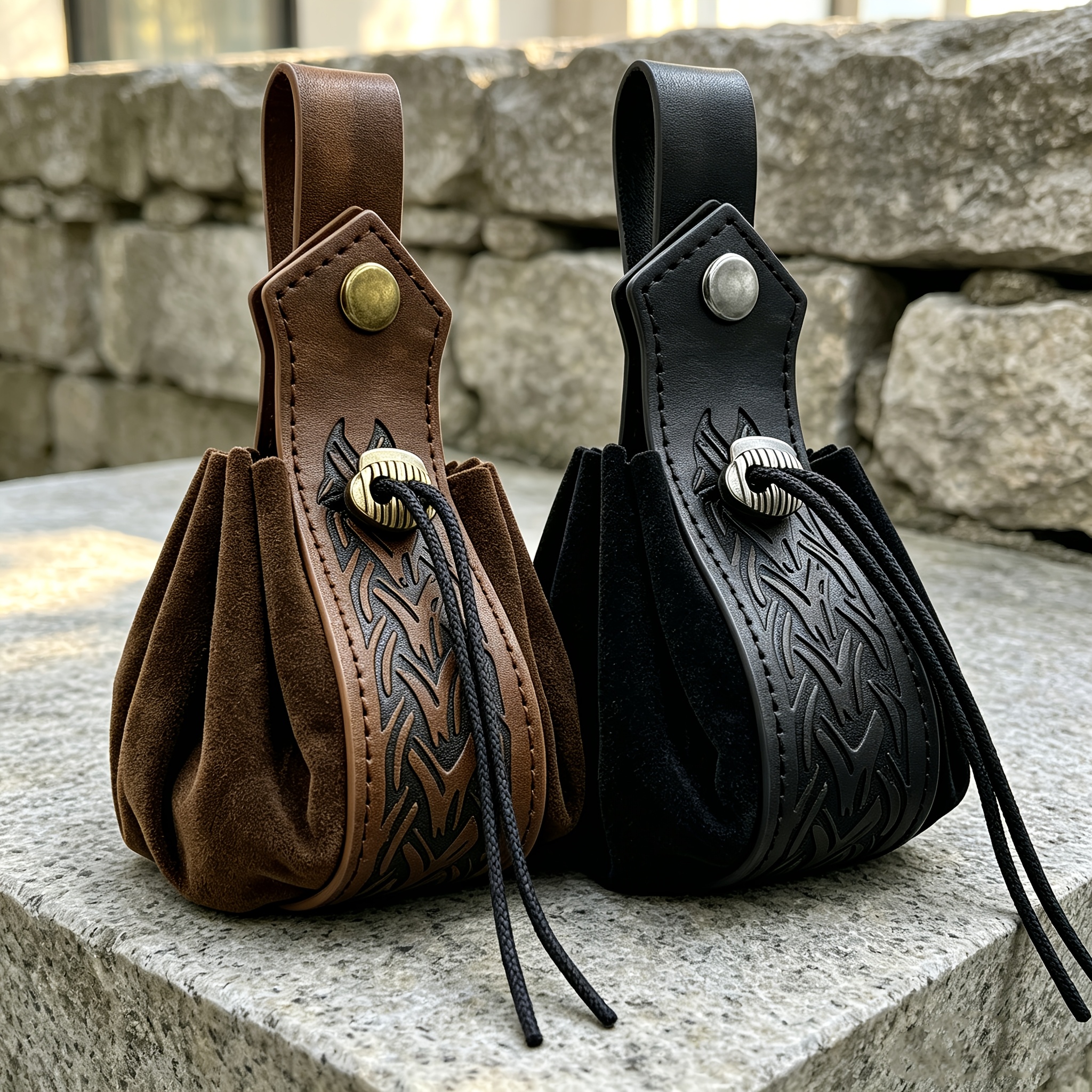 TEMU 2pcs Medieval Retro Embossed Viking Style Pouches With Belt, Drawstring Coin Purse, Fashionable Renaissance Style Pu Waist Bag, Suitable For