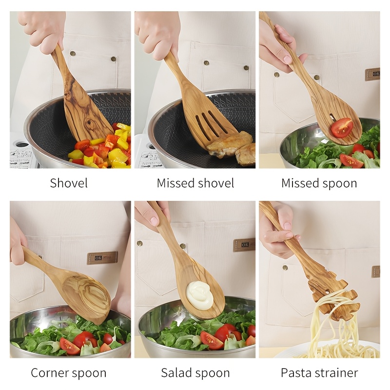 Olive Wood 6pcs Kitchen Utensil Set Long Handle Household Spatula Slotted Spatula Spoon Slotted Spoon Corner Spoon Mixing Salad Pasta Scooping Stir-Frying Non-Stick Pan Household
