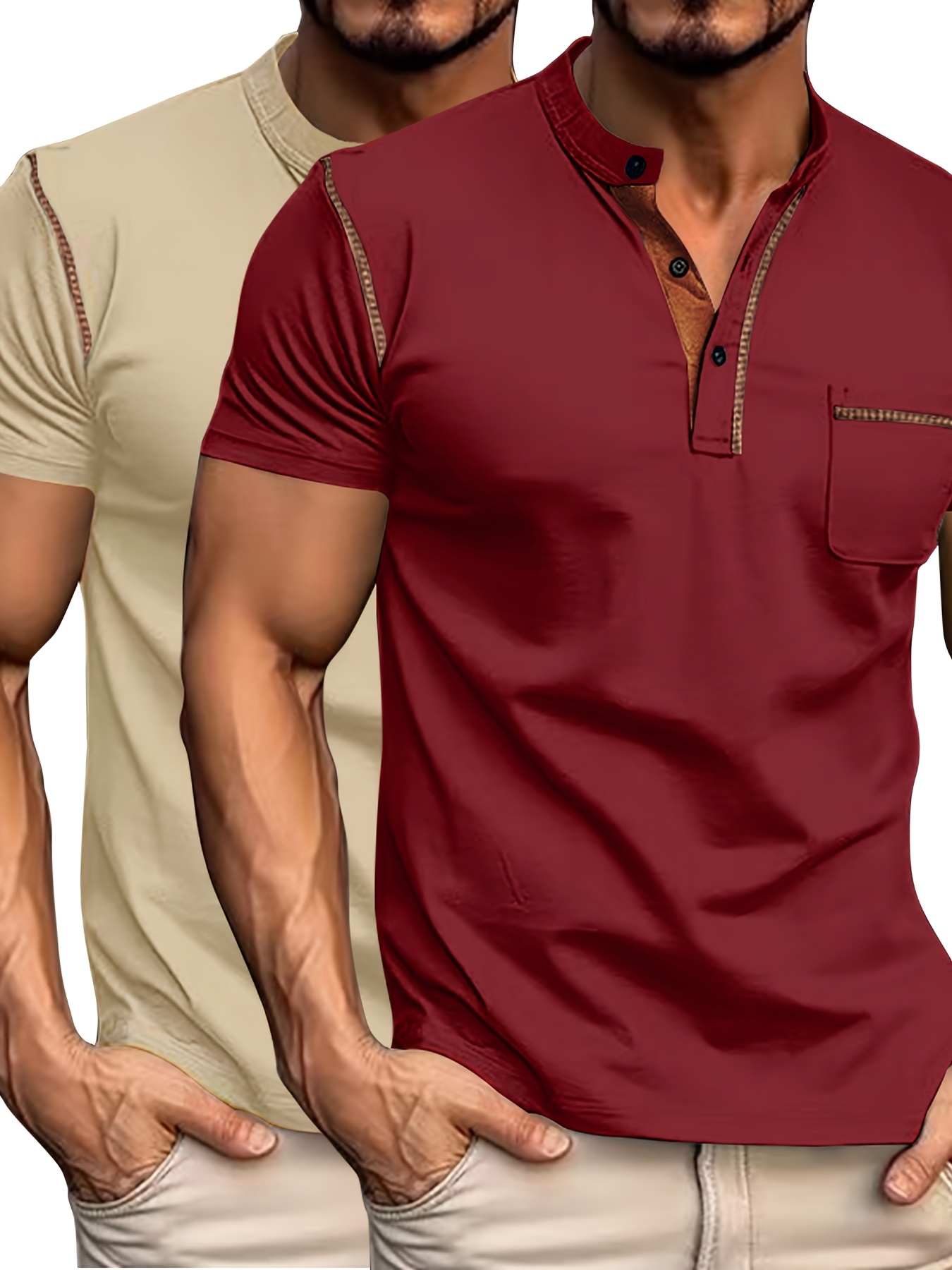 Conjunto de duas peças casual para homem, camiseta, camiseta de manga curta com decote em V e detalhes de botão, camiseta desportiva ajustada.