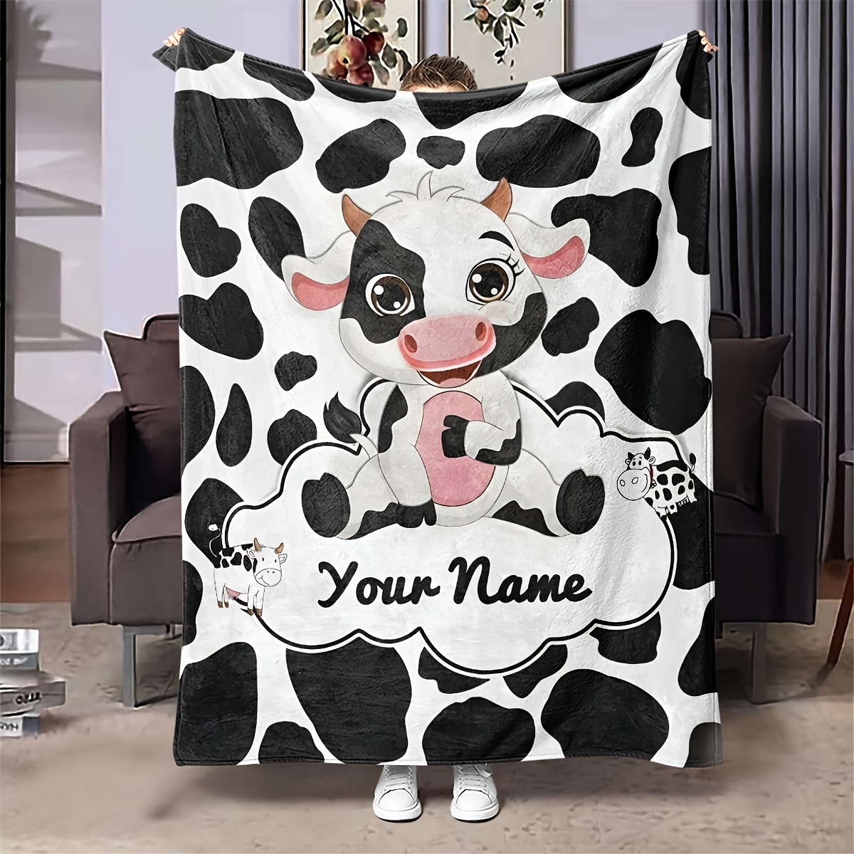 

1pc Customizable Cartoon Cow Print Flannel Blanket - Soft, For All - Perfect Gift With Personalized Text Cow Print Blanket Animal Print Comforter