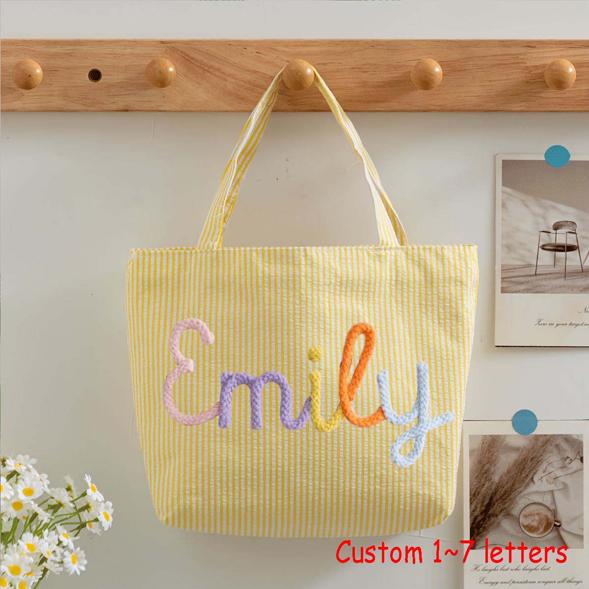 TEMU [women's Tote Bag] 1pc Custom Beach Summer Bubble Gauze Handheld Tote Bag, Colorful Vacation Travel Bag, Personalized Sherpa Name Toiletry Bag,