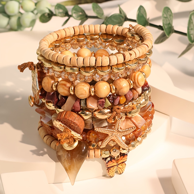 Bohemian Wooden Bead Bracelet Set Starfish Shell Elements