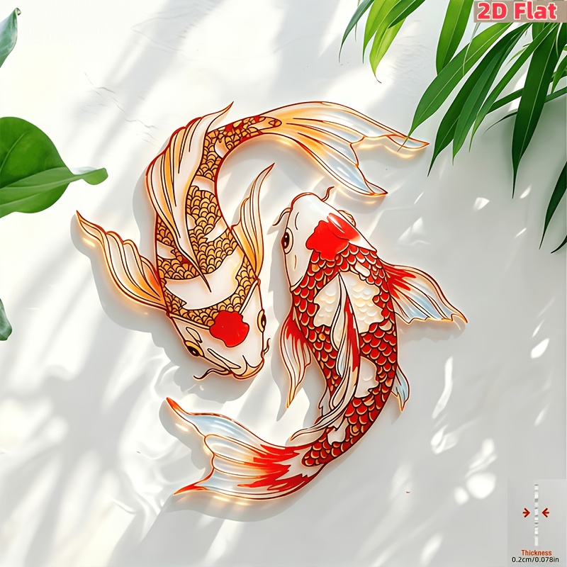 TEMU 2d Flat, 2d Oriental Zen Acrylic 2pcs Set: Yin Yang Koi Fish, Red And Yellow Carp Swimming On The Wall. Used To Decorate A Living Room Or Tea