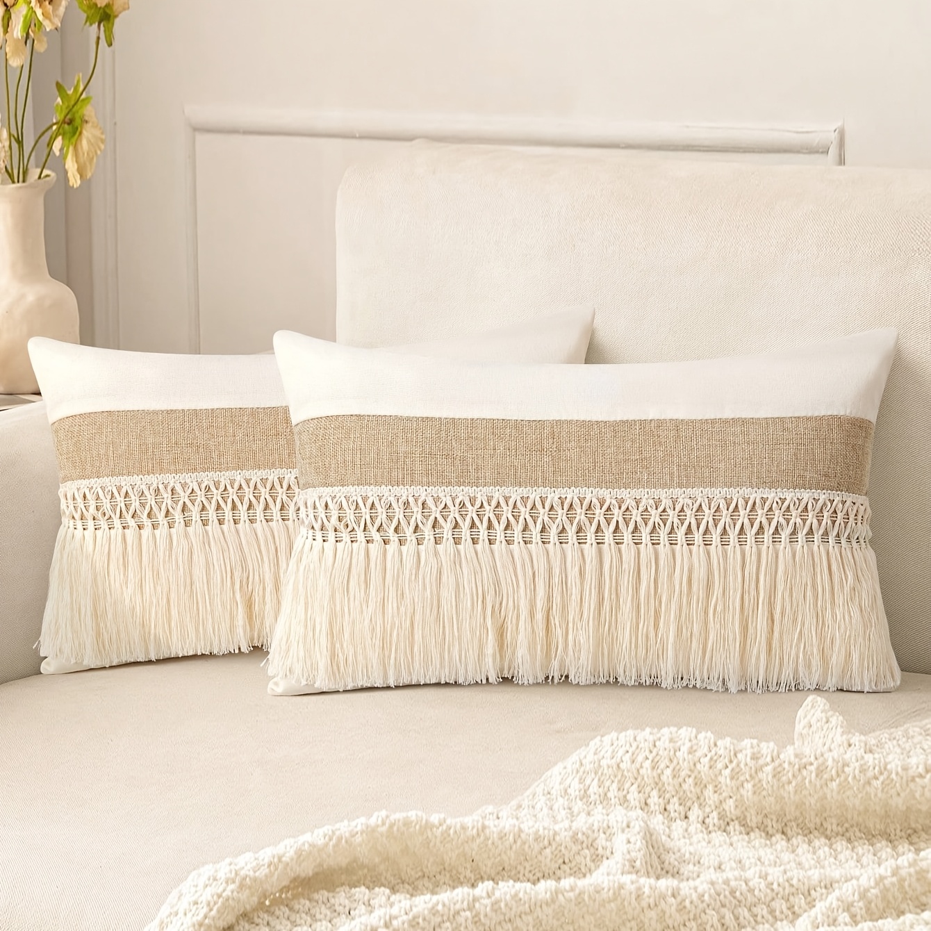 TEMU 1pc/2pcs Farmhouse-style Throw Pillowcase, Bohemian Cushion Cover, Decorative Lumbar Pillowcase With Tassel Trim, Suitable For Sofas, Bedrooms,