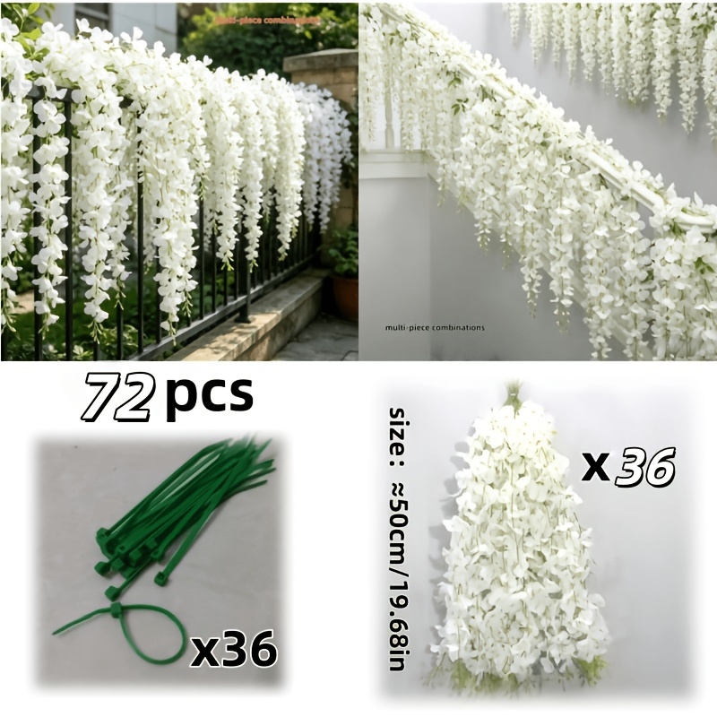 TEMU 72pcs Set Of White Artificial Wisteria Hanging Flower Ribbons And Ties, Fake Vine Flower Wreaths Suitable For Wedding Arches, Ceilings, Gardens,