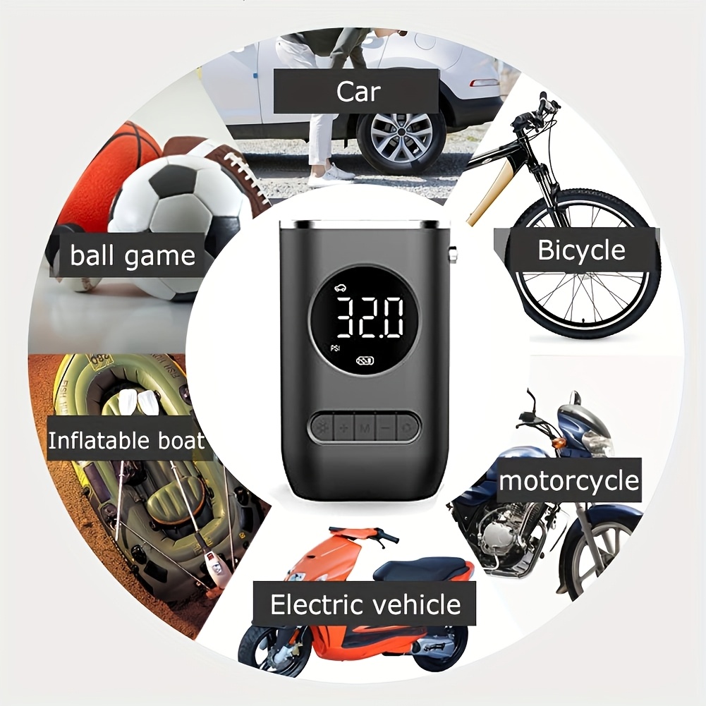 one portable air compressor and inflator a mini cordless tire pump that can to 150 psi suitable for bicycles motorcycles cars basketballs and volleyballs sports and outdoor activities usb rechargeable and operates automatically made from abs material making it an gift details 6