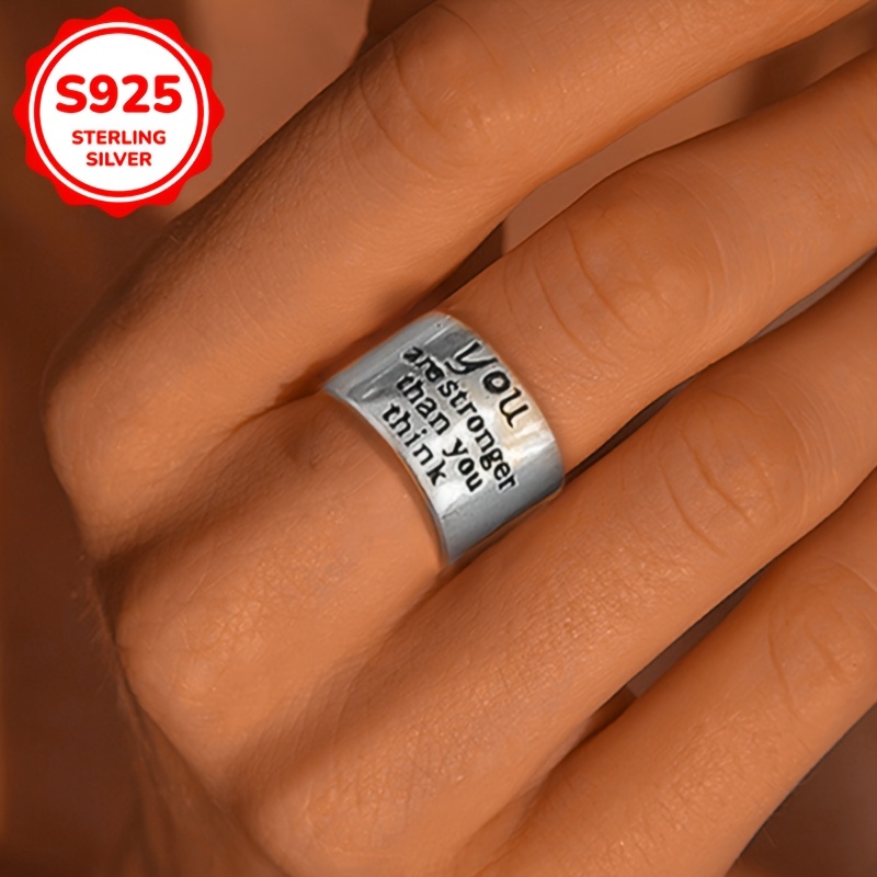 

1pc Vintage Style 925 Sterling Silver Cuff Ring For Women, Adjustable With "you Are Stronger Than You " Engraving, Resin , Ideal For Hip Hop Fashion, Gift-, And Festival Celebrations