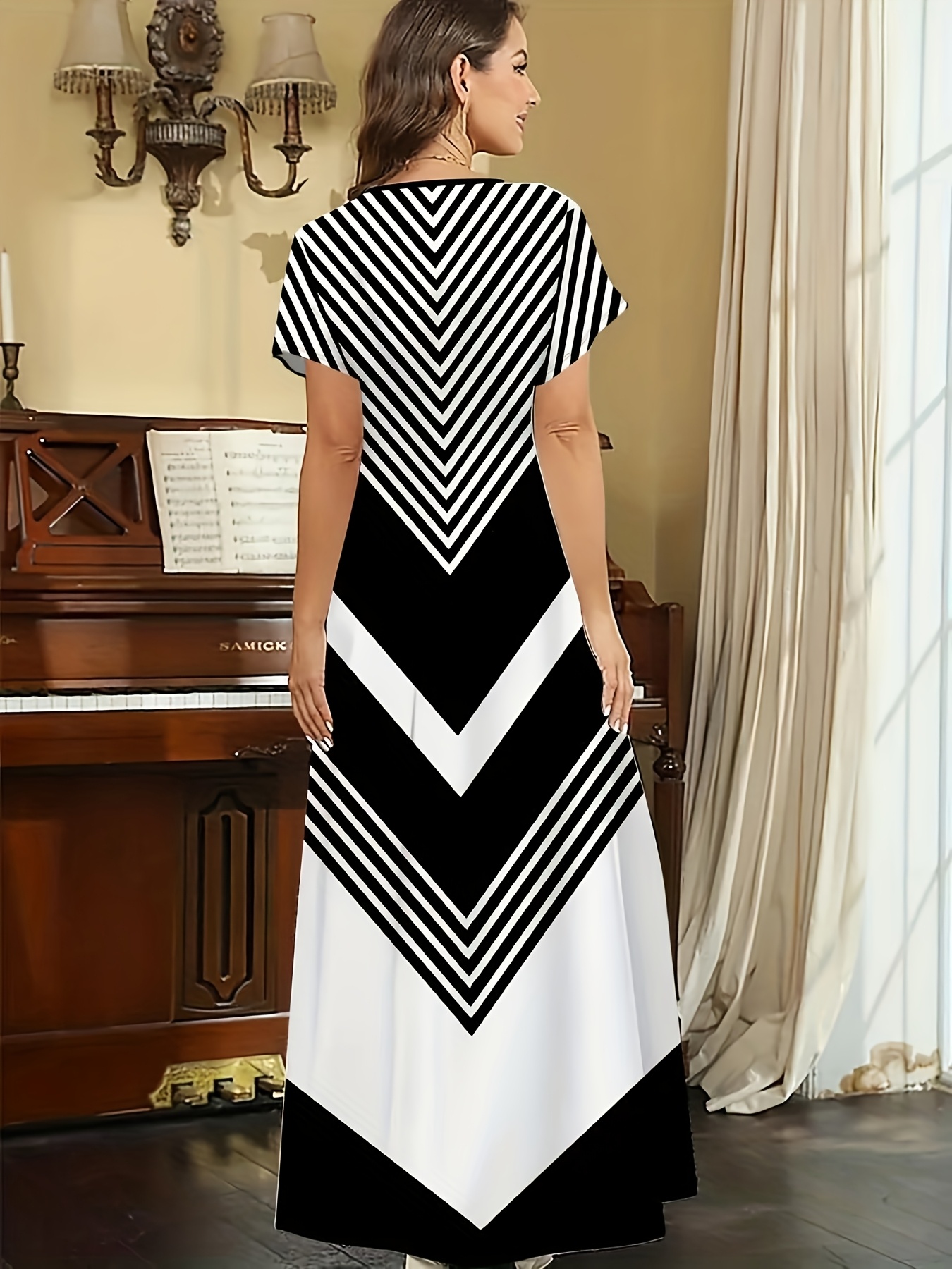 womens elegant black white chevron pattern maxi dress short - Temu Peru