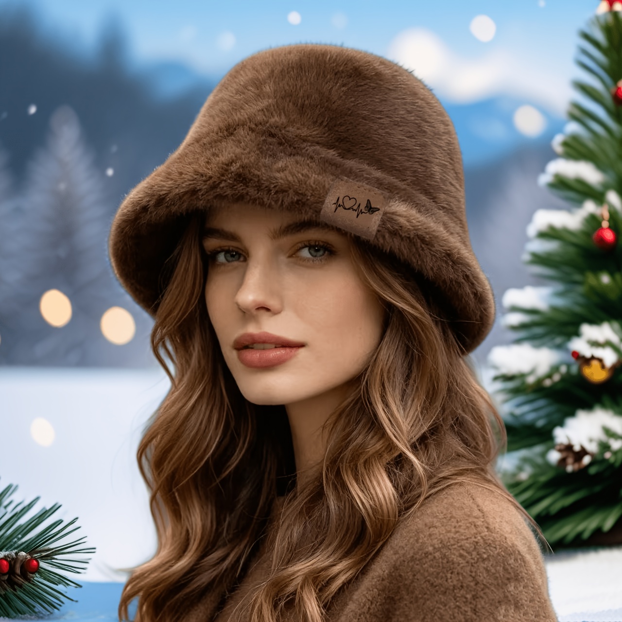 TEMU Women's Vintage Plush Bucket Hat - Thickened Warm Windproof Ear & Face- Suitable For Skiing, Snowboarding, Winter, Christmas Outfits -
