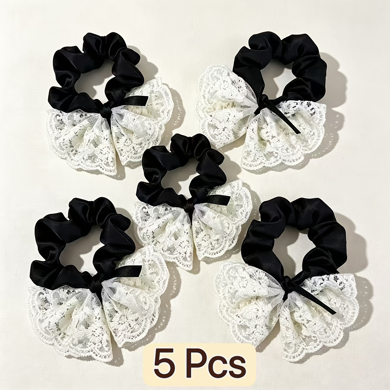 TEMU 5pcs Lace Bow Ponytail Holders, And White Contrast Color Hair Ties, Women's High-elasticity Hair Bands For Ponytails, Versatile For Valentine's