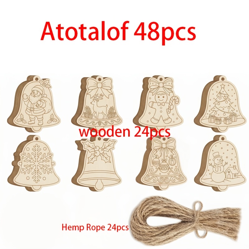 TEMU 48pcs Christmas Wooden Hanging Decorations, Blank Wood Pieces Handmade, (including 24 Ropes And 24 Wood Pieces) Suitable For Art Handicraft
