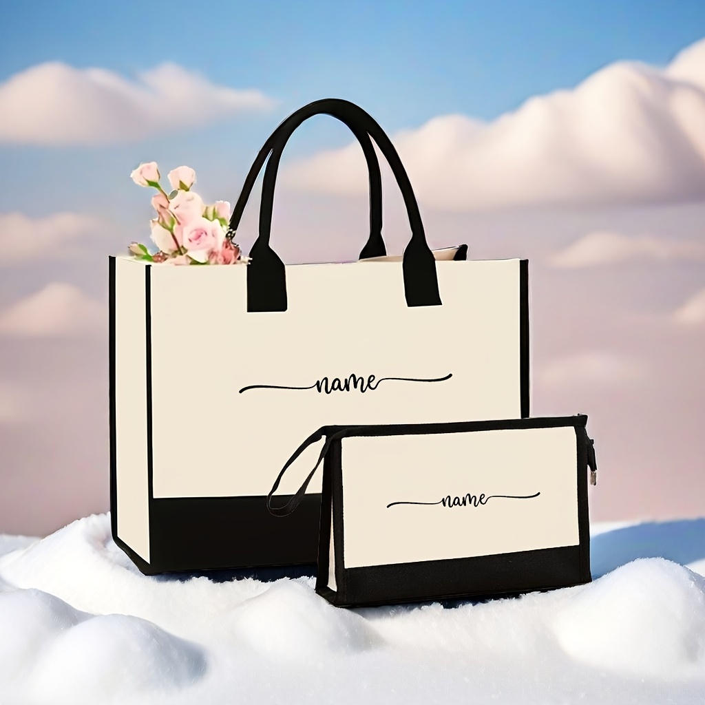 

Customizable 2pcs Canvas Tote Set - Large Capacity, Personalized Name Handbag & Matching Clutch - Shopping, Travel & Gifts - White, Canvas Tote Bag