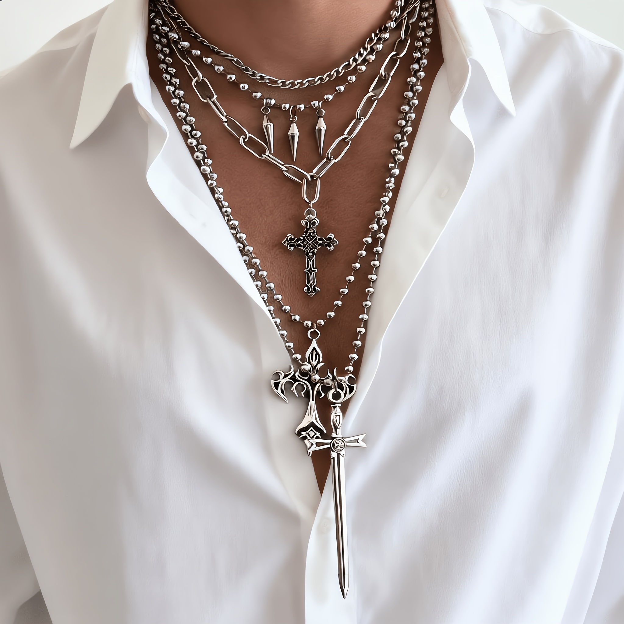 5-piece sword & cross layered necklaces