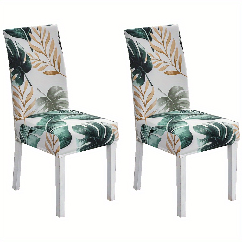 Image of 2- Plant Print Elastic Chair Covers - One-piece For Dining Room & Chairs, Washable Suitable For, Parties, Events - Modern Decor Chair Slipcovers