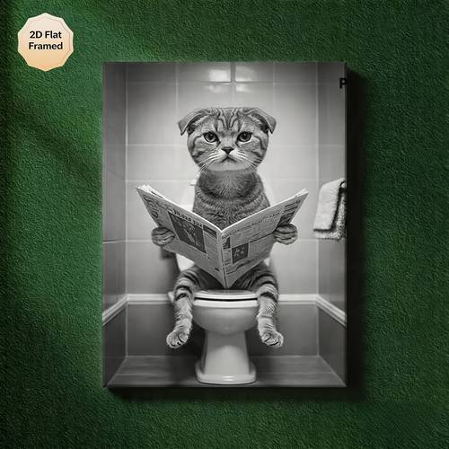 Plat 2D, 1 buc. Imprimare pe pânză înrămată cu pisică amuzantă citind ziar - Retro modern, potrivită pentru decorul peretelui din baie, sufragerie, dormitor, cadru înfășurat montat cu cârlig și tablou de agățat, / Utilizare pentru biroului de acasă, umoristic, Plat 2D