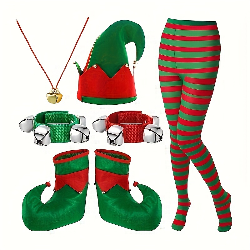 

7pcs Elf Set - Christmas Accessories For Men And Women, Includes Elf Hat, Red And Striped Tights, Necklace, Wrist , And Elf - Non-woven , Uncharged, For