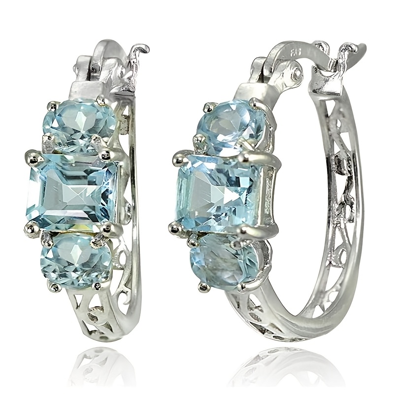 Women's Luxurious Small Hoop Earrings with Blue Synthetic Zirconia