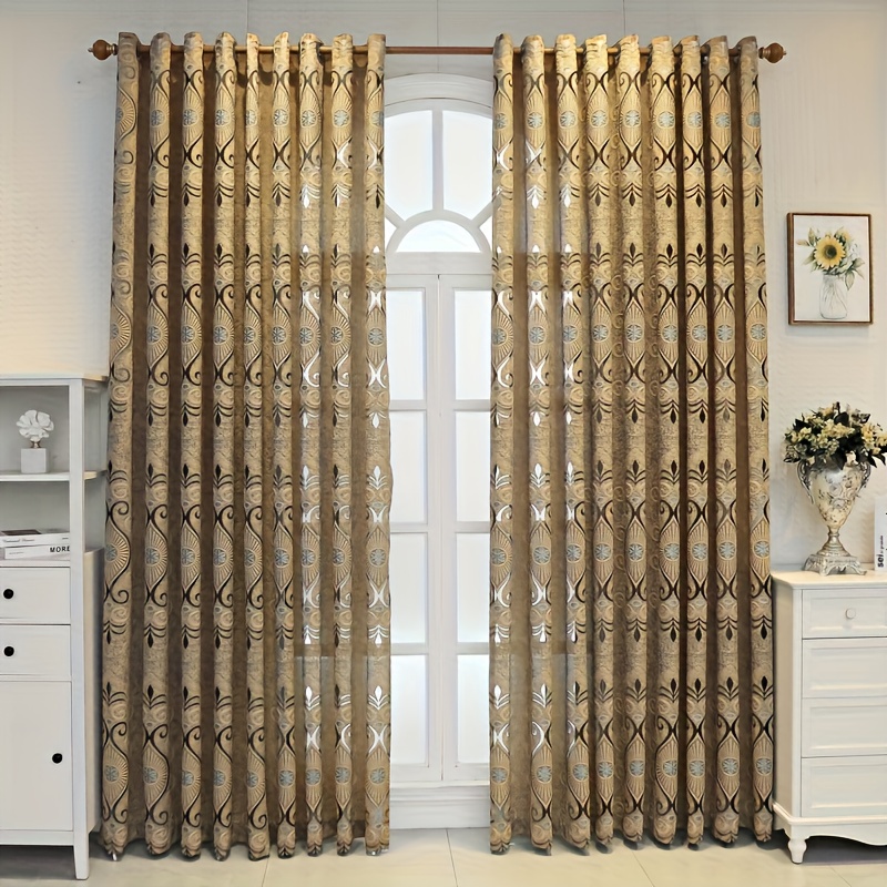 1 Pano de Cortina Europeia Retro Espessa - Gaze Jacquard Cor de Café com Desenhos Florais  2
