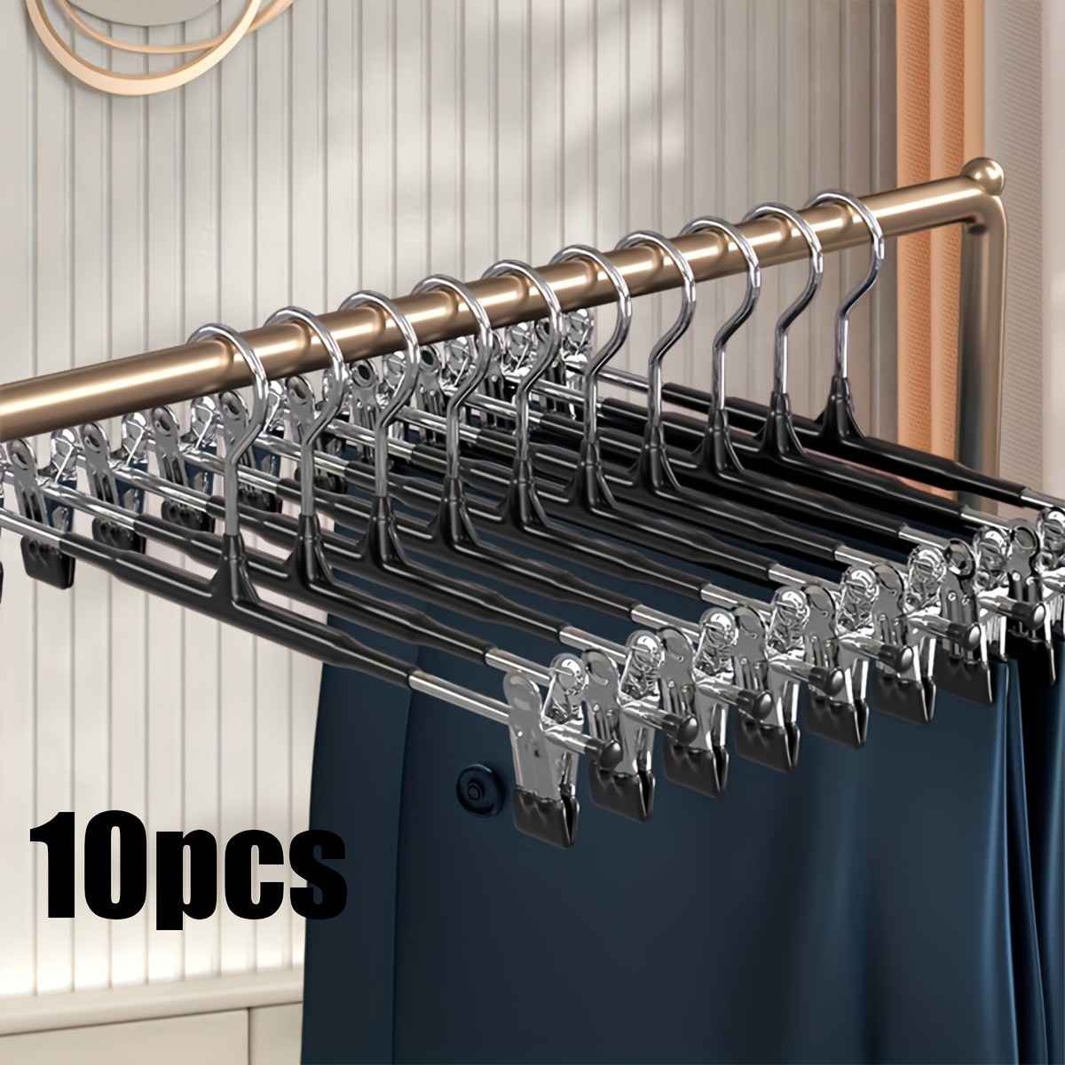TEMU 10pcs Stainless Steel Hanger, Equipped With Adjustable Clips, With Anti-slip Function, Which Is Convenient For Space And Suitable For Storing