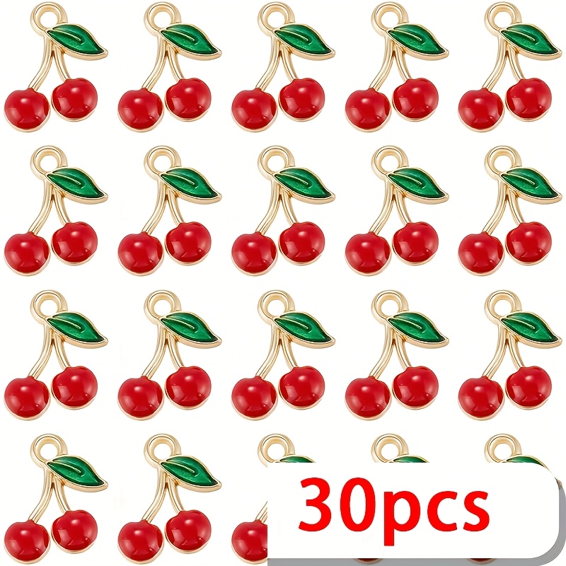 30pcs Charms Bulk - Golden Metal Alloy Mini Fruit With Enamel Cherry For Making, Dangle Charms Suitable For Bracelets, Necklaces, Earrings - Miniature