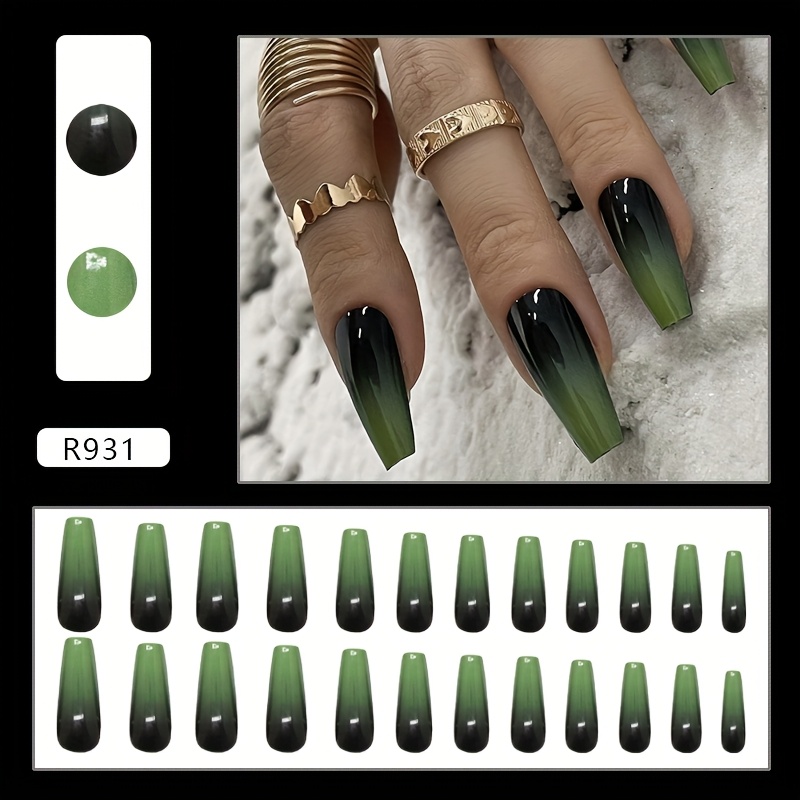 Vintage Dark Green Gradient Elegant Long Ballet Versatile Detachable False Nail Tips