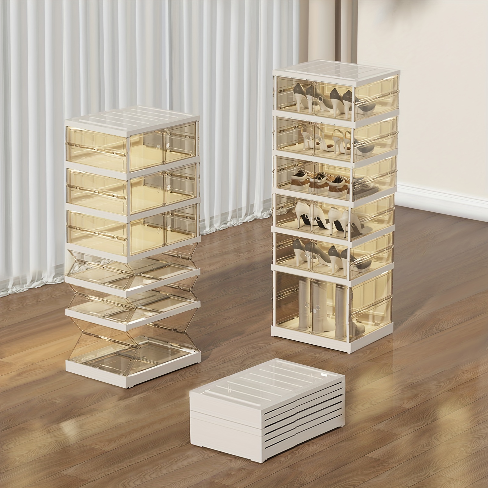 Foldable Shoe Organizer with Doors Stackable Transparent Shoe Storage  Cabinet, Modern Durable Plastic Multi-Tier Shelves for Closet Space-