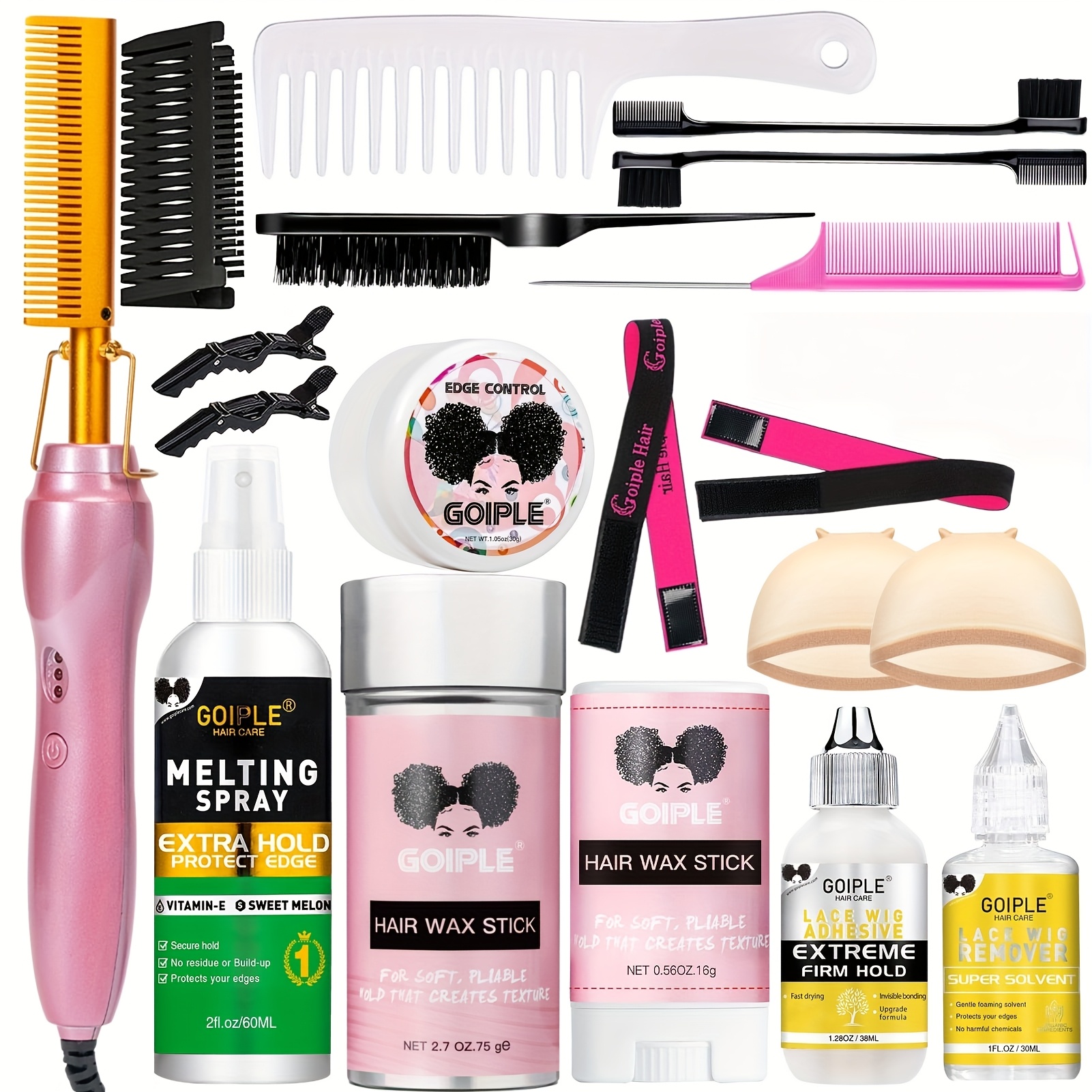 TEMU Electric Hair Comb Set Wig With A Must-have Outfit Hair Straightener Curling Tongs Melting Spray Lace Wig Glue Hair Wax Stick Edge Control Tool Set