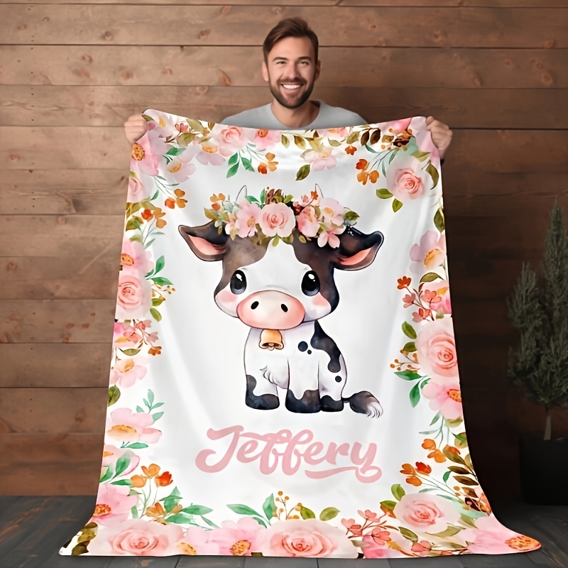 

Personalized Cow-themed Soft Flannel Throw Blanket - Custom Name, Couch & Tv ,