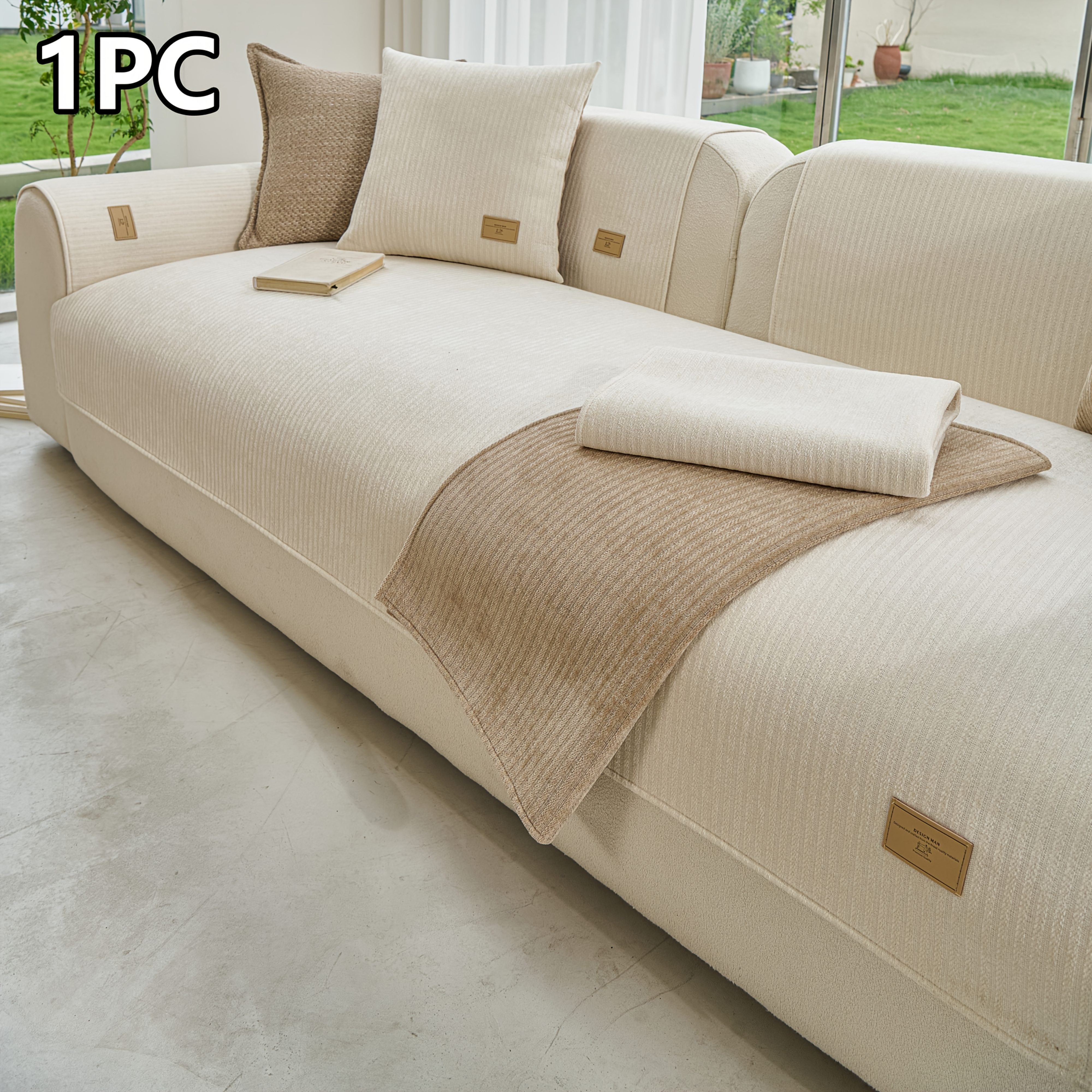 TEMU 1pc European-style Striped Sofa Cover, Chenille Material Sofa Cushion, Solid Color Seat Cushion, Decorative Sofa Cover, Protects Sofas From Cat