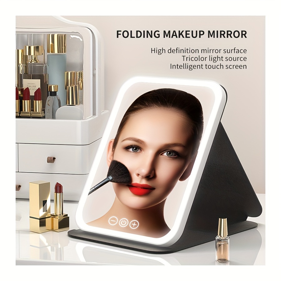 Espejo de maquillaje con pantalla táctil, espejo de tocador con luces,  espejos de maquillaje portátiles con brillo LED, espejo ajustable con USB
