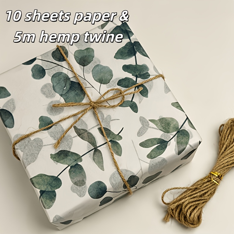 TEMU Eucalyptus Leaf Pattern Gift Packaging Tissue And Hemp Rope Combination, 20 X 14 Inch Packaging Paper With 5-meter Hemp Rope, Suitable For
