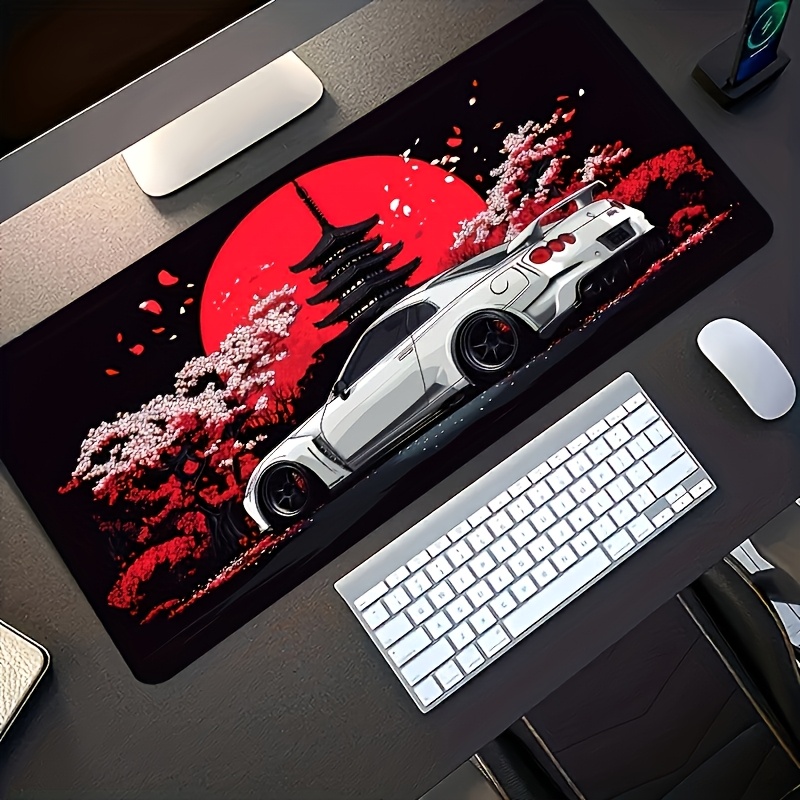 TEMU 1pc Large-sized Mouse Pad, Red Moon Cherry Sports Car And Wind Pattern, Rubber-bottom Large-size Desk Mat Office Desk Accessory, Computer