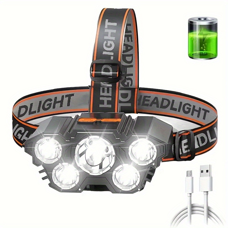 

1pc/2pcs Led Headlight, Rechargeable, Bright And Powerful With 5 Led Lights, Portable Headlight For Outdoor Camping Emergency Lighting, Fishing And Wilderness Survival
