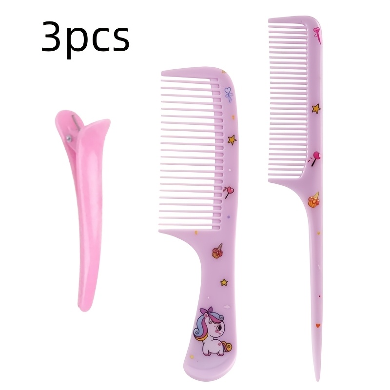 TEMU 3pcs Cartoon Unicorn Hair Comb Set Including A Detangling Comb, A Pointed-tail Parting Comb And Sectioning Hair Clips. Cute Printed Hair Styling